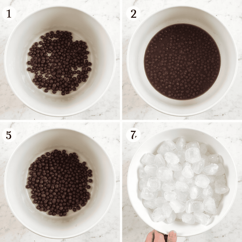 Black beans being blanched and cooled in an ice bath.