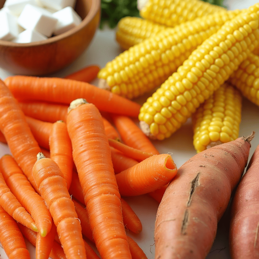 Sweet vegetables and natural sweeteners for soup preparation.