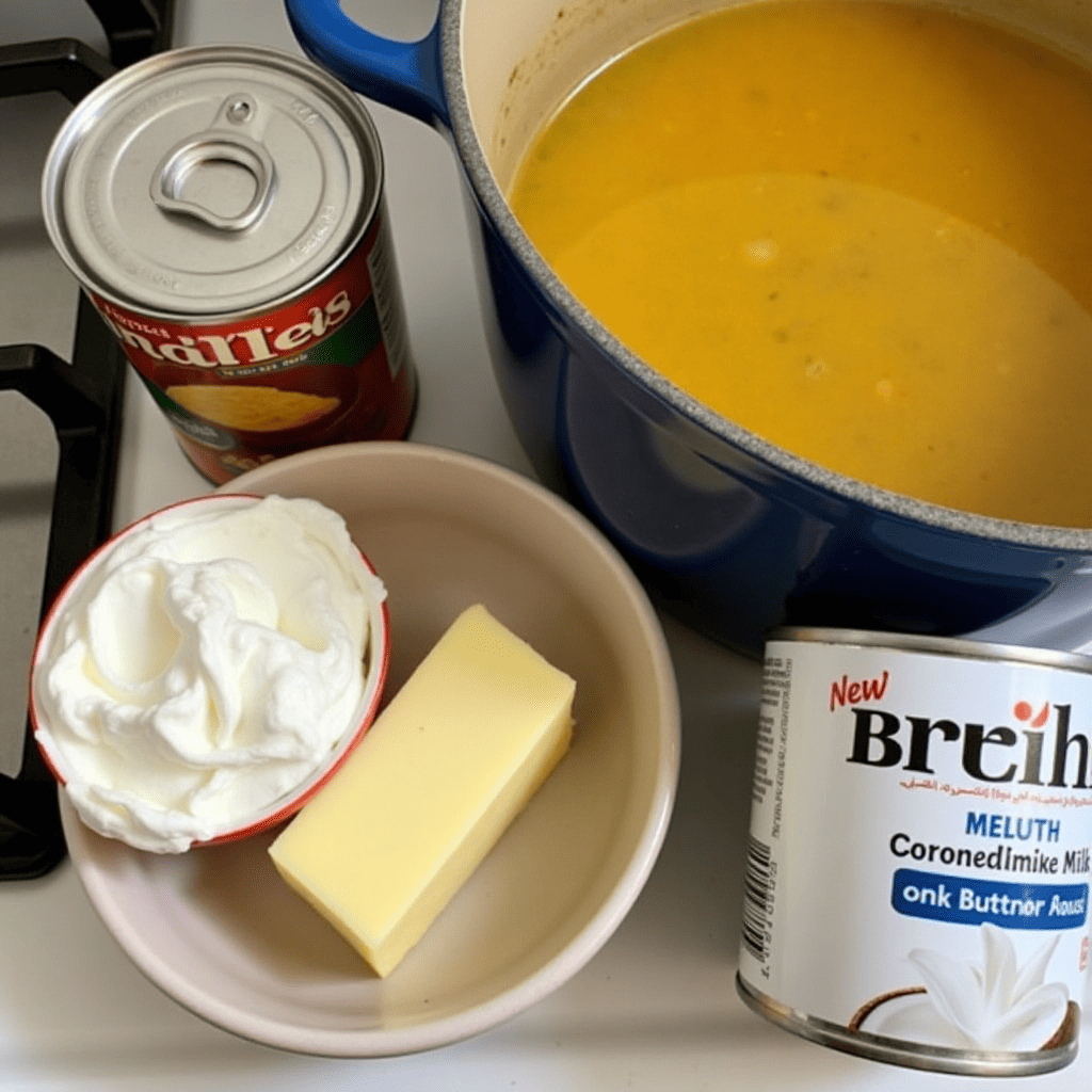 Dairy and fat ingredients near a pot of black bean soup.