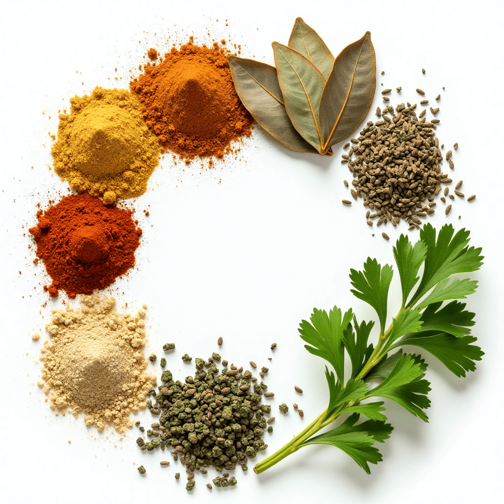 Various herbs and spices for flavoring black bean soup.