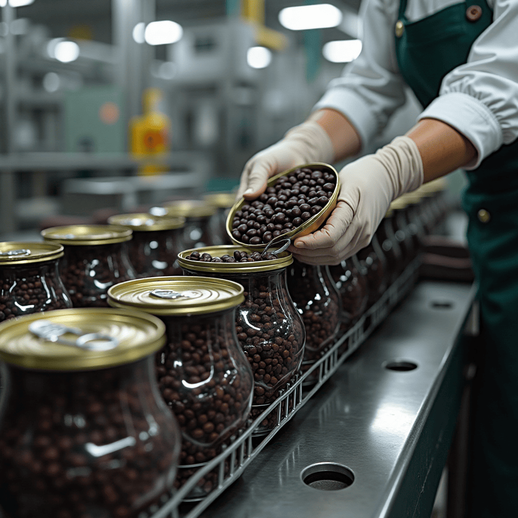 A factory process showing canned black beans being packaged.