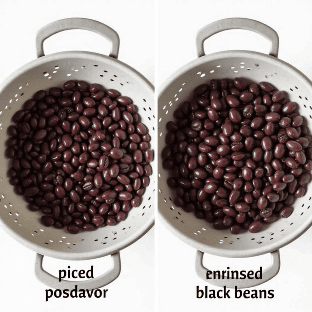 Side-by-side comparison of rinsed and unrinsed black beans.