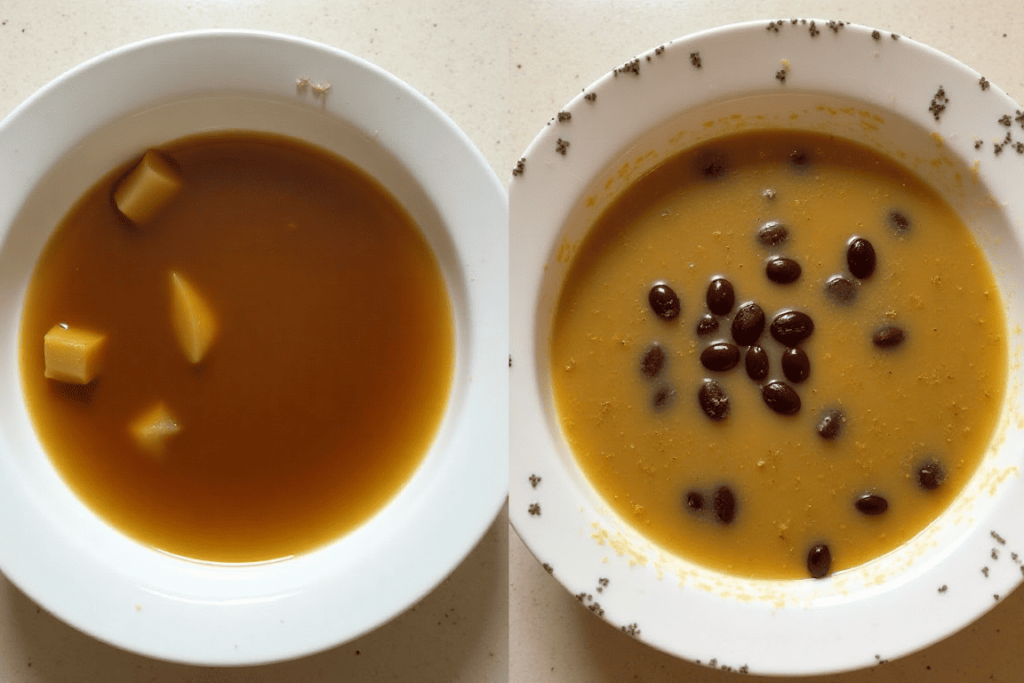 Two bowls of black bean soup, one clear and one creamy.