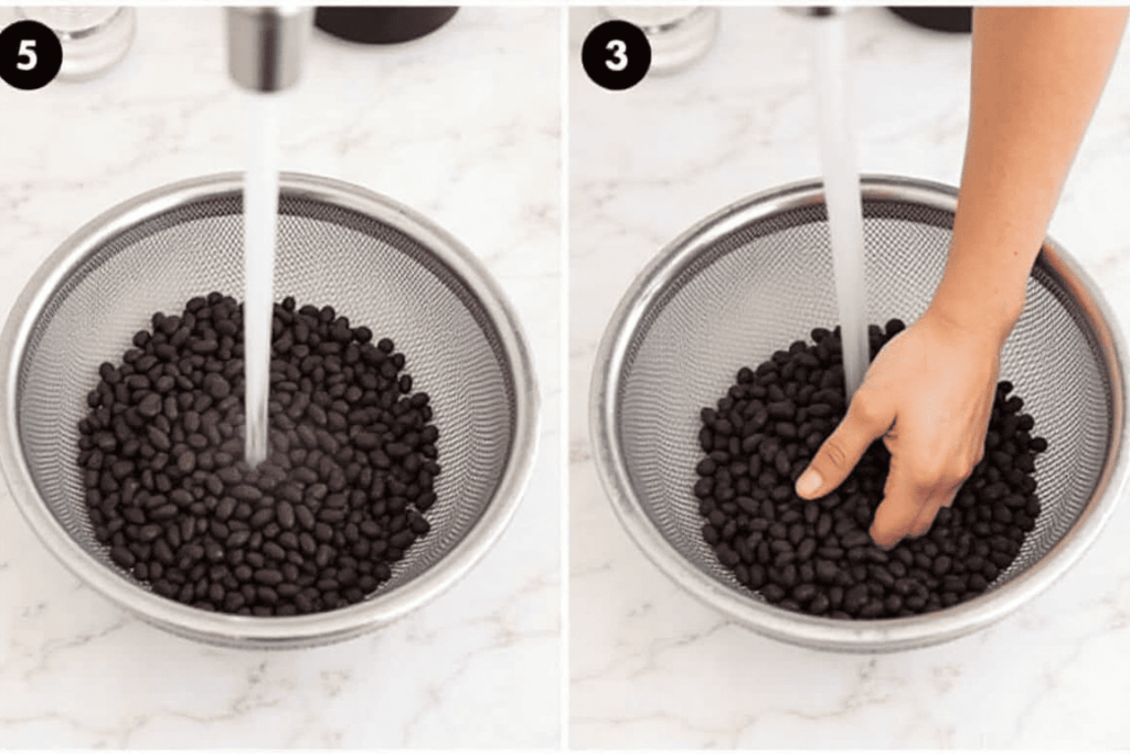 Black beans being rinsed under cold water in a colander.