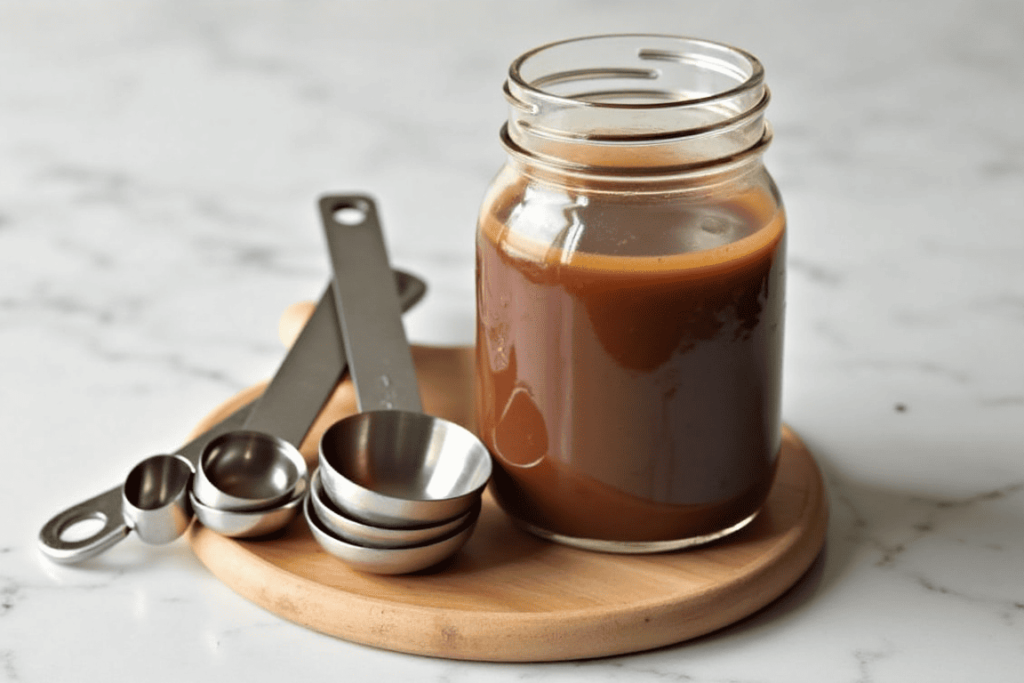 A jar of canned black bean liquid with measuring tools.