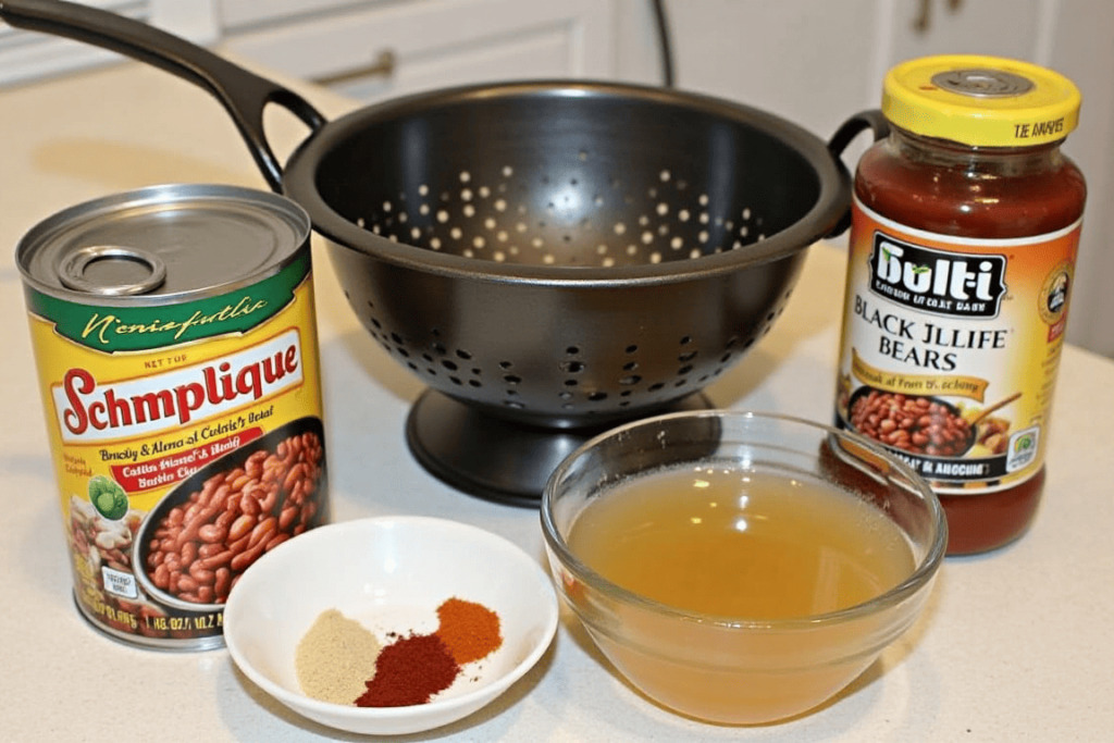 Ingredients for preparing soup with canned black beans.