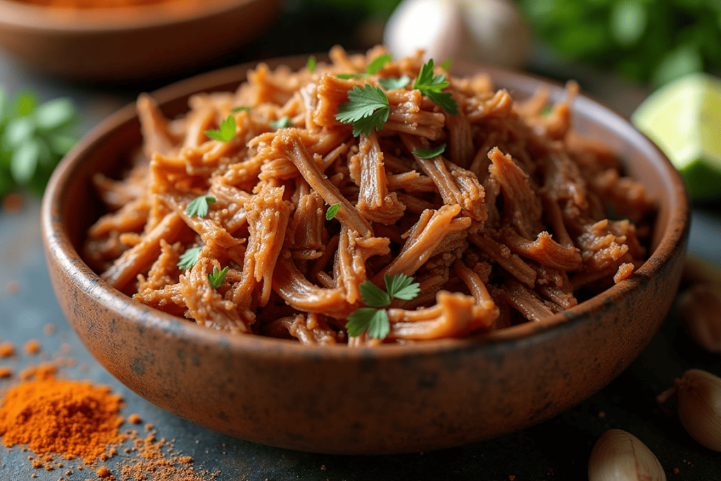 A bowl of shredded carnitas with spices in the background.