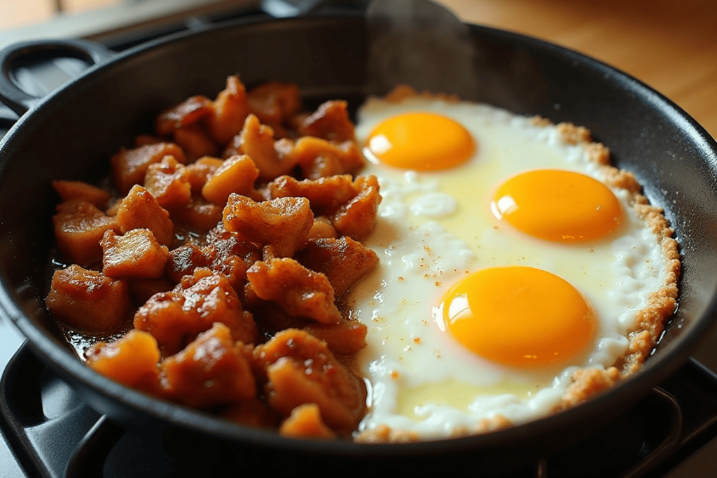 Sizzling carnitas and freshly cooked eggs side by side.