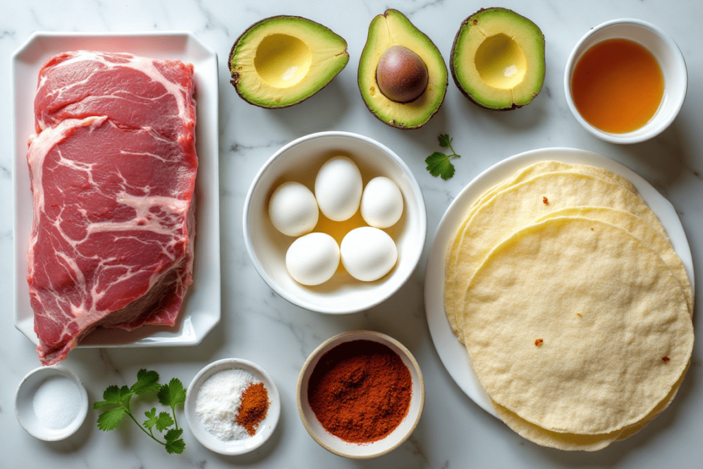 Ingredients for making carnitas breakfast with eggs.