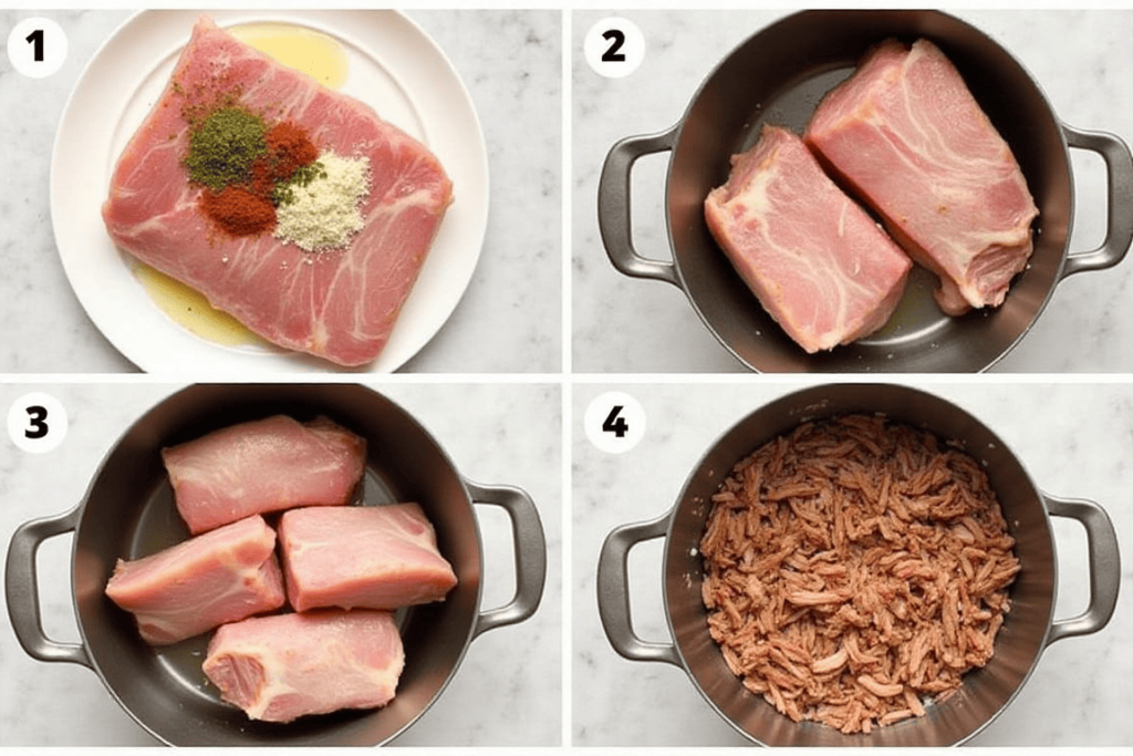 A visual process of preparing carnitas from pork shoulder.