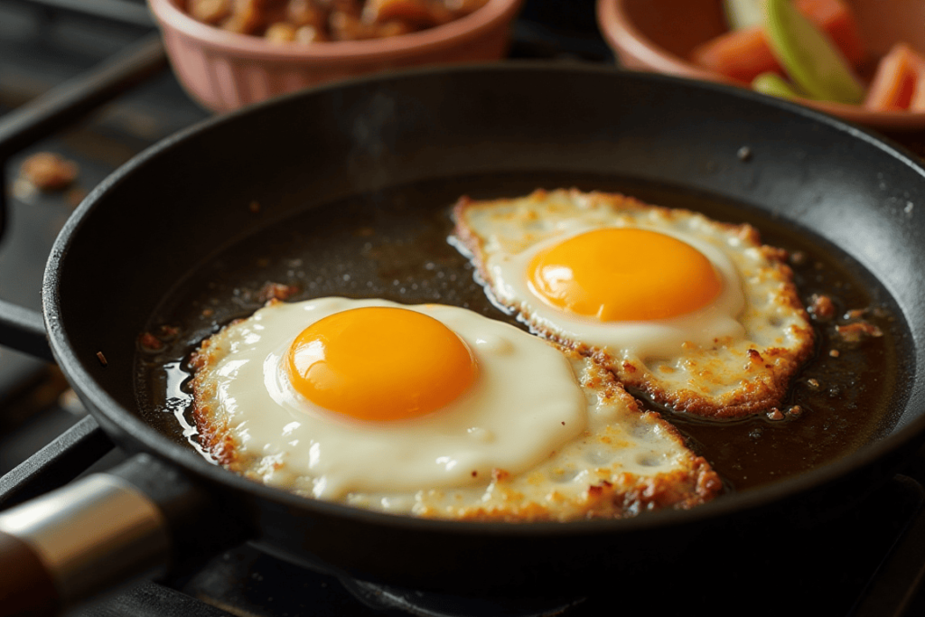 A frying pan with sunny-side-up eggs and carnitas cooking together.