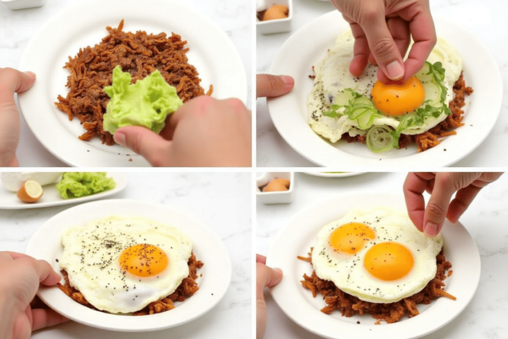 The process of assembling a carnitas breakfast plate.