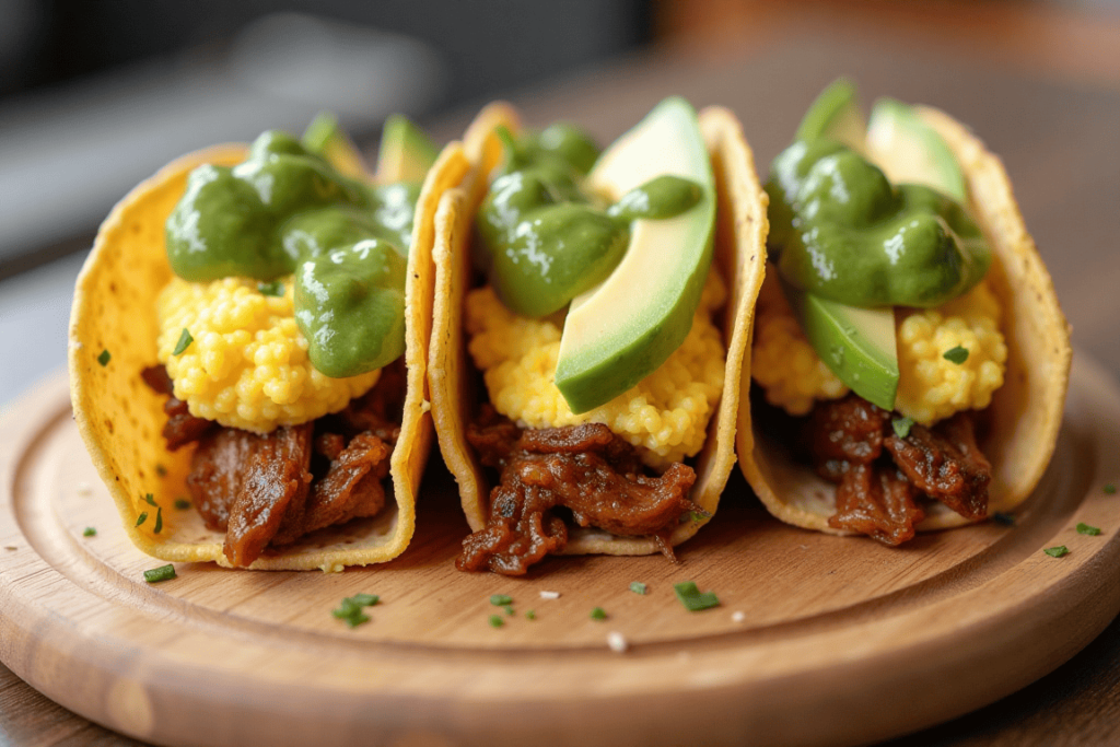 Carnitas breakfast tacos with eggs and garnishes.