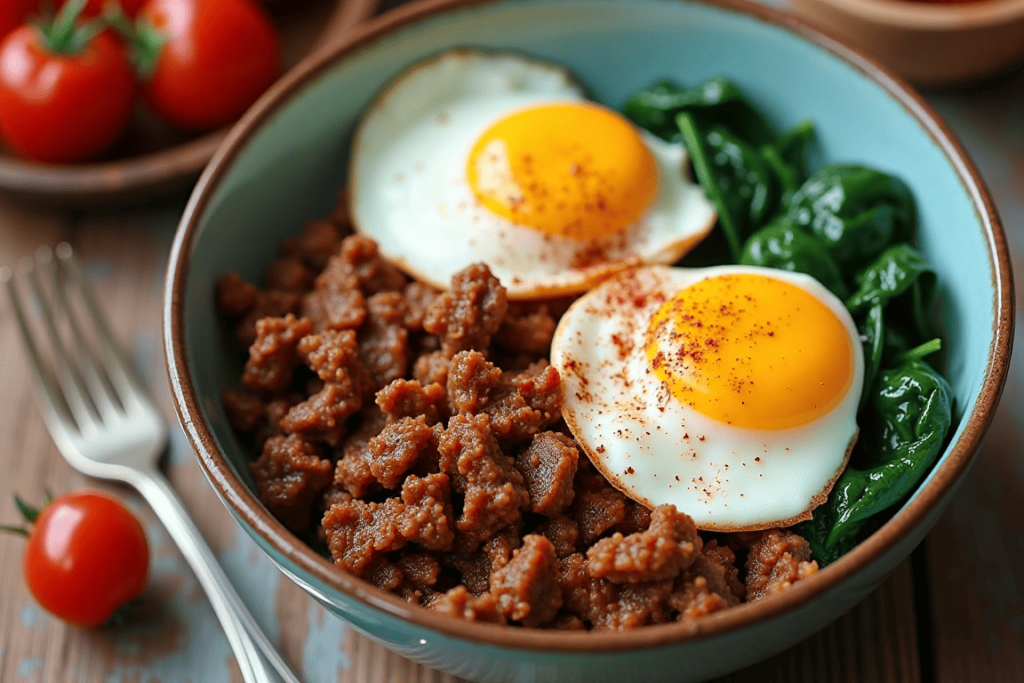 A low-carb bowl with carnitas, poached eggs, and vegetables.