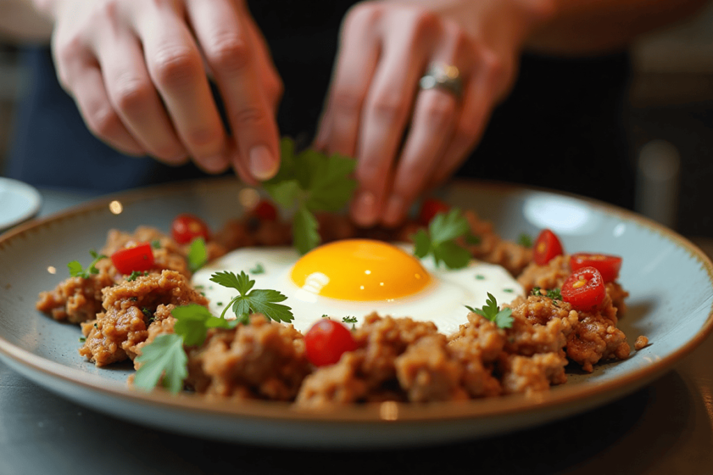 A chef garnishing a carnitas breakfast plate with eggs.