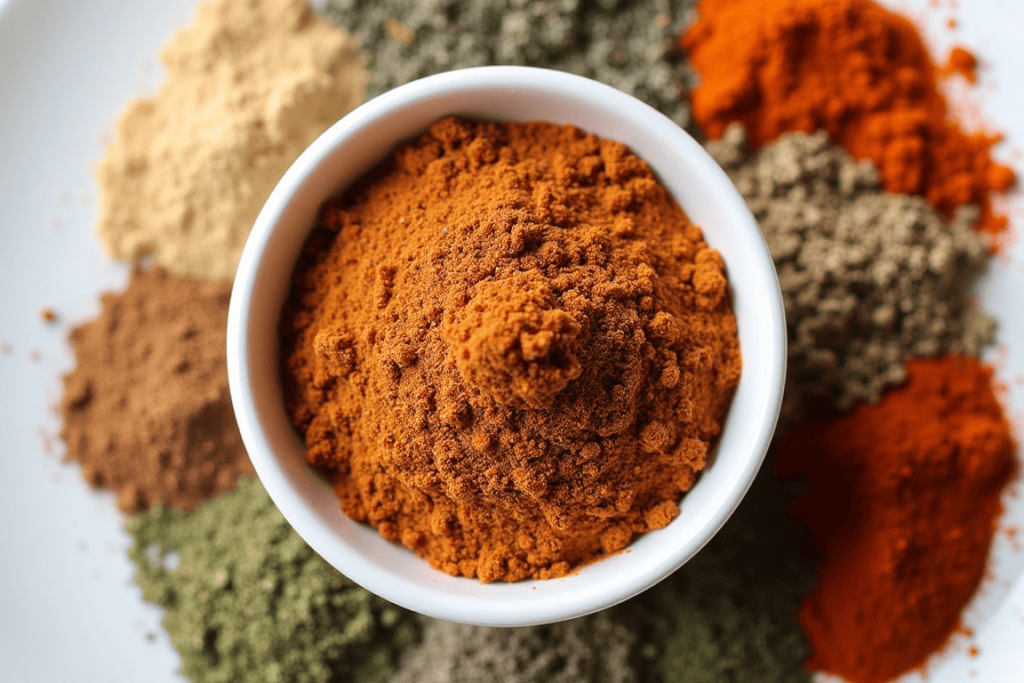 A bowl of oxtail seasoning mix with individual spices around it.