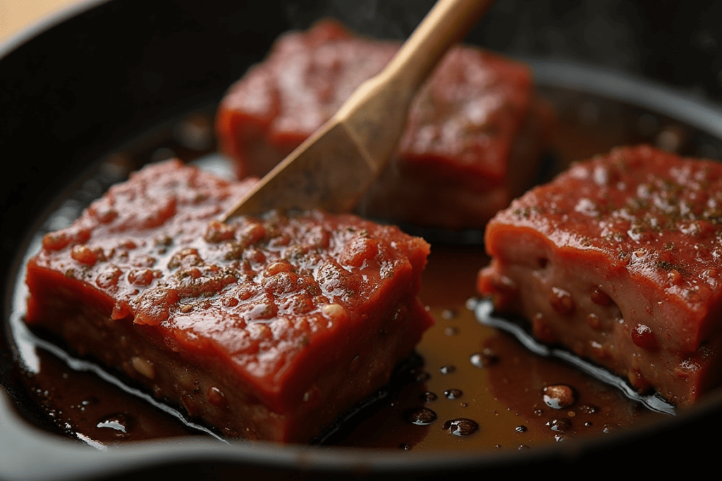 Beef short ribs being seared in a skillet with a golden crust.