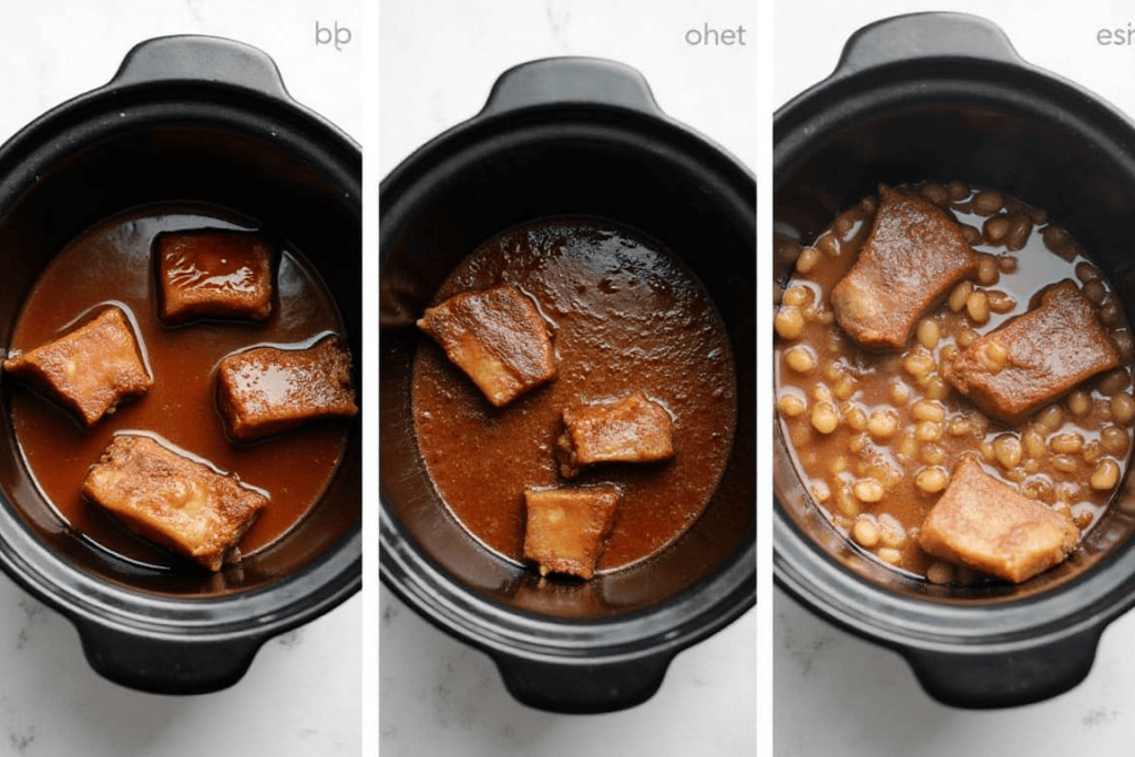 Beef short ribs being cooked using braising, slow cooking, and pressure cooking methods.