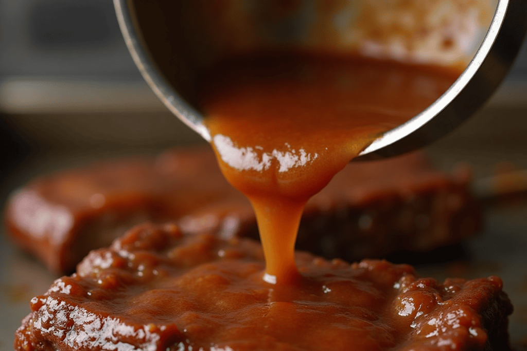 Sauce being poured over beef short ribs in a serving dish.