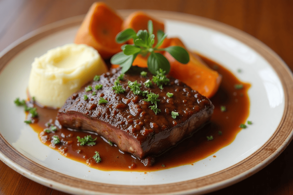 Beef short ribs served with mashed potatoes and roasted vegetables.