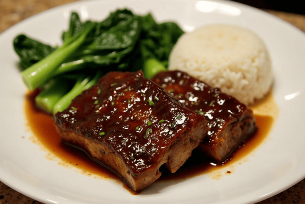 Asian-inspired beef short ribs with rice and bok choy.