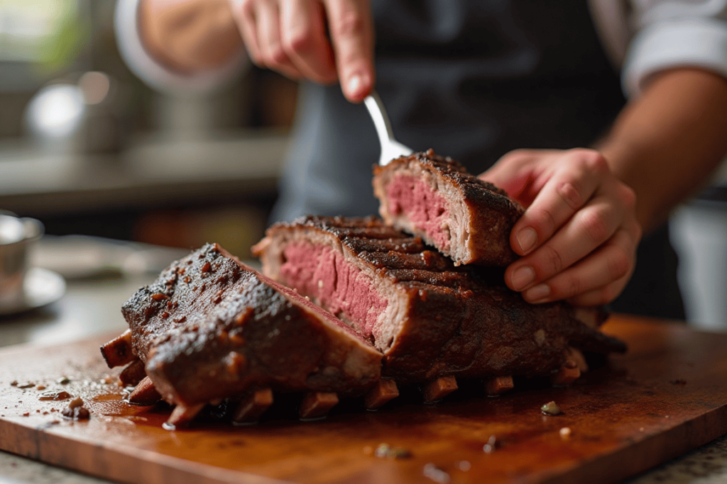 A chef testing the tenderness of a beef short rib with a fork.