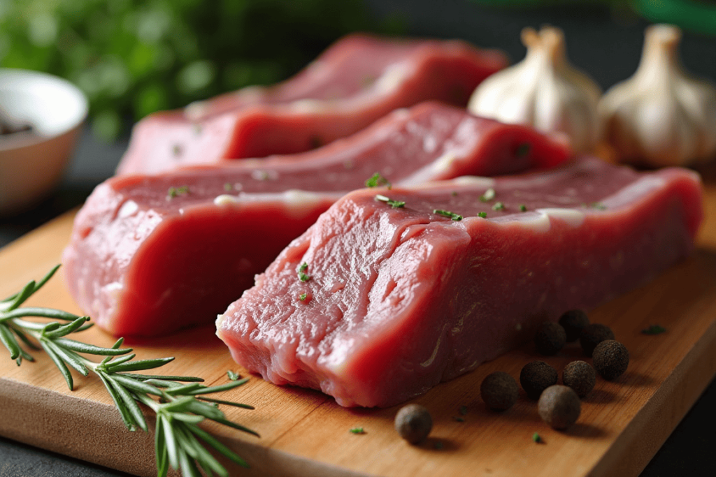 Raw oxtails with herbs and spices on a cutting board.