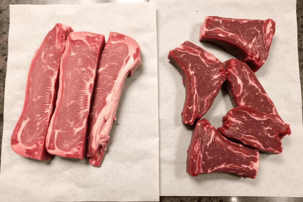 Raw short ribs and oxtails side by side for comparison.