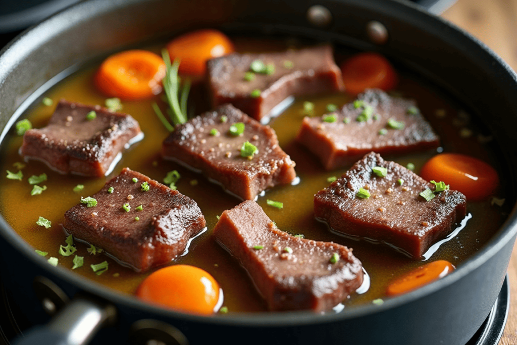 Oxtails and short ribs in a pot with vegetables and broth.