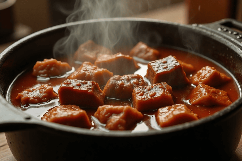 Oxtails and short ribs braising in a Dutch oven.