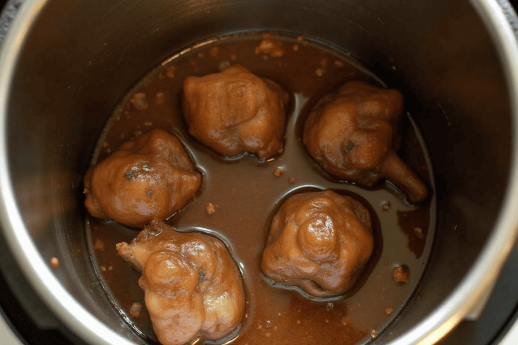 Oxtails and short ribs in a pressure cooker with broth.