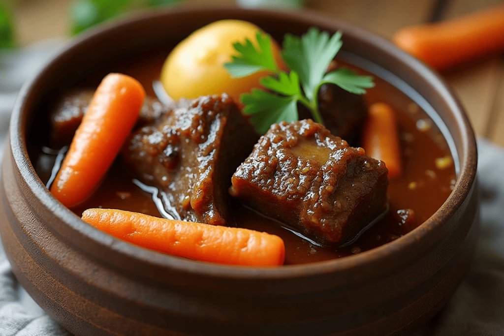 A hearty stew with oxtails, short ribs, and vegetables.