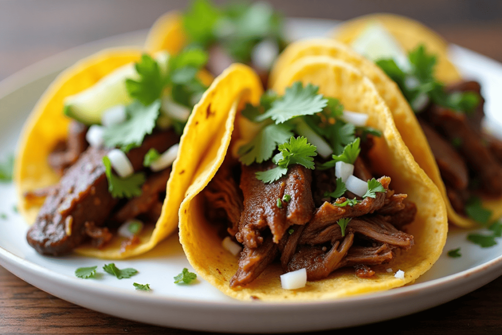 Tacos filled with shredded oxtails and short ribs.