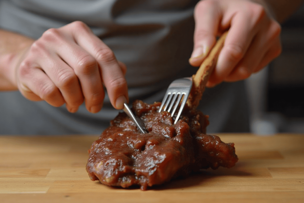 A chef testing the tenderness of cooked oxtails.