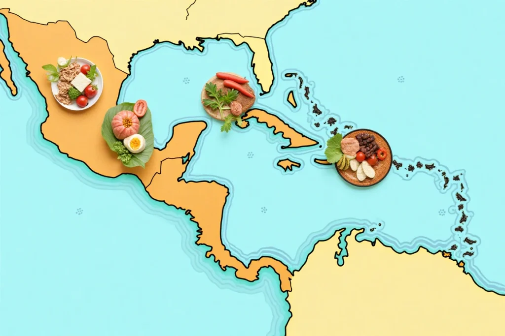 A colorful map of the Caribbean highlighting its culinary heritage.