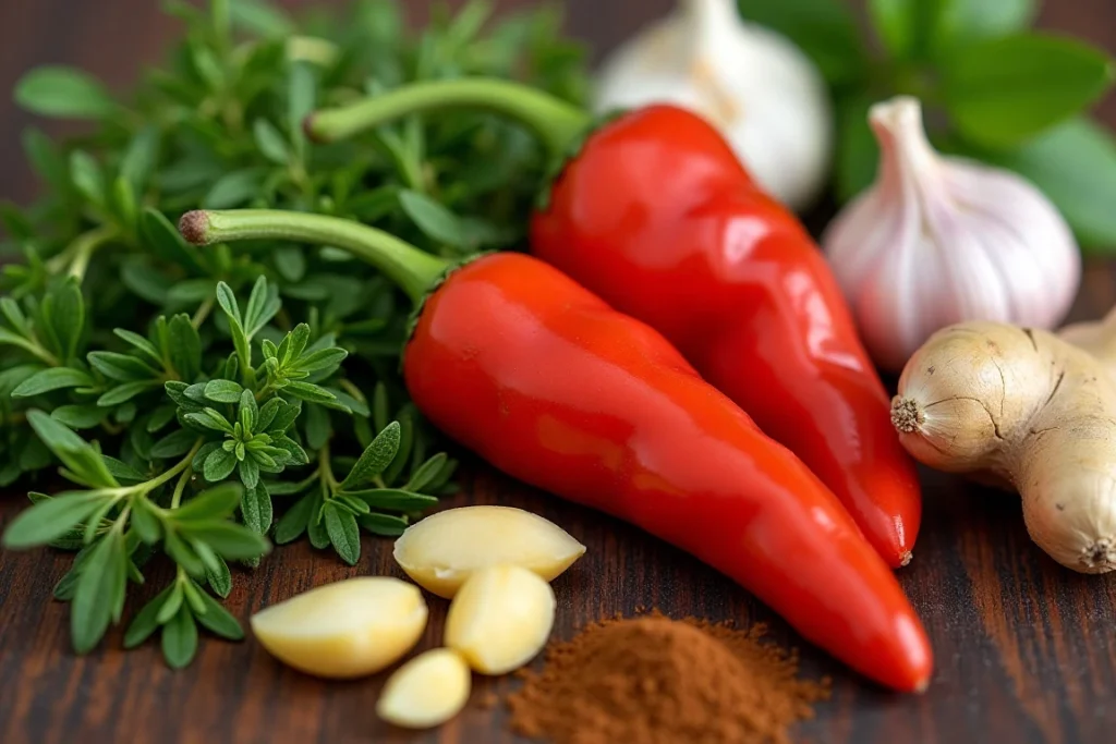 Essential cooking ingredients like thyme, garlic, and peppers.