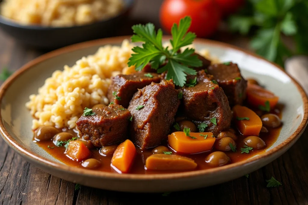 Jamaican oxtail stew paired with rice and peas, rich in flavor.