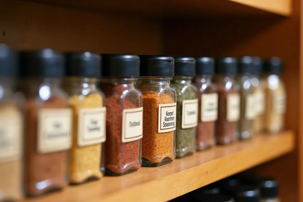 Spice rack organized with a labeled jar of seasoning mix.