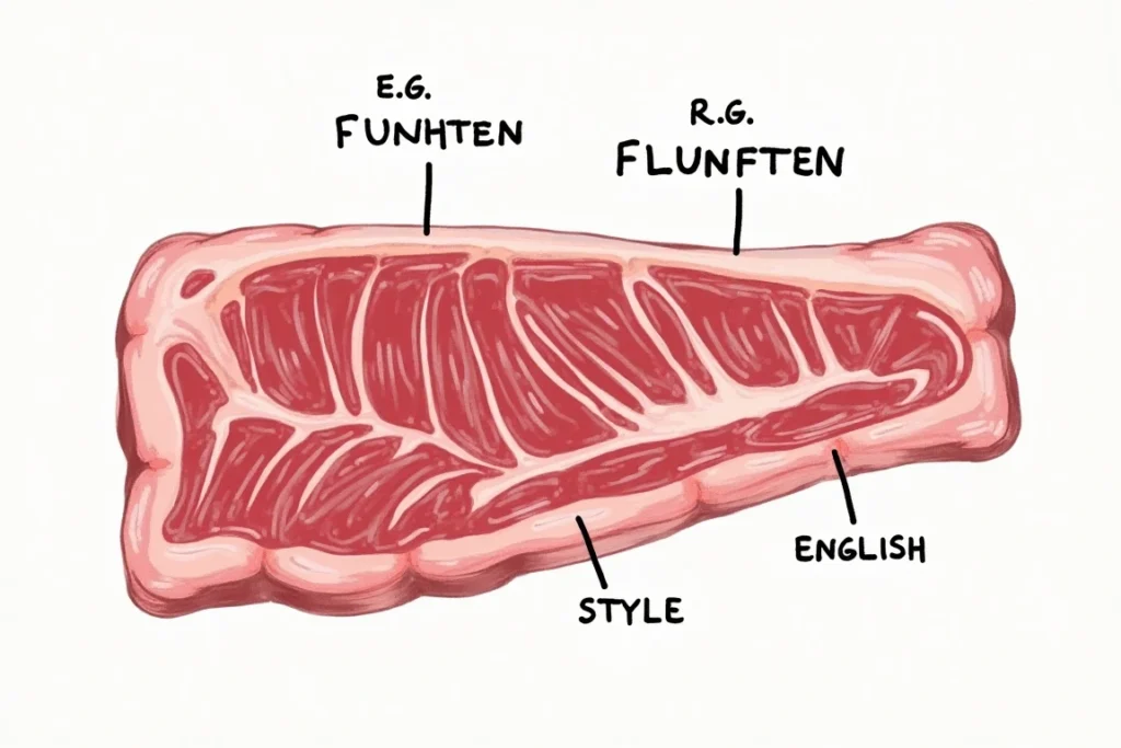 Diagram showing the anatomy of beef short ribs and the differences between flanken and English cuts.