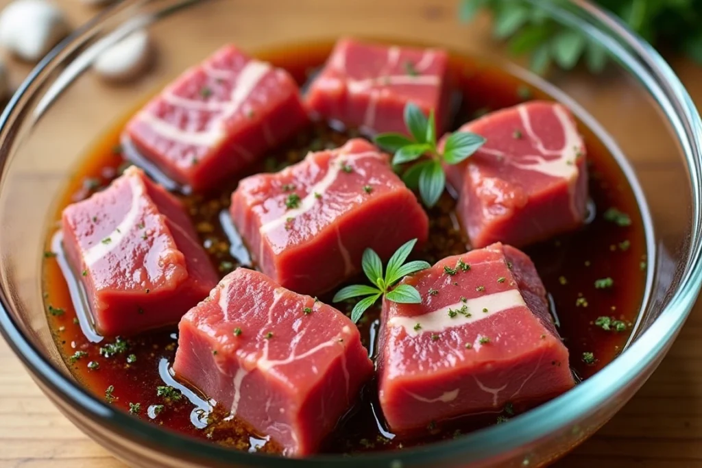 Beef short ribs marinating in a glass bowl with soy sauce, garlic, and fresh herbs.