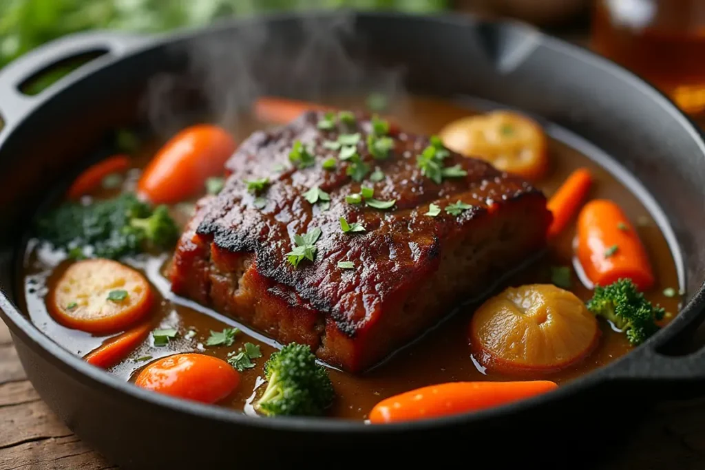 Beef short ribs simmering in a cast iron pot with vegetables and broth for tenderizing.