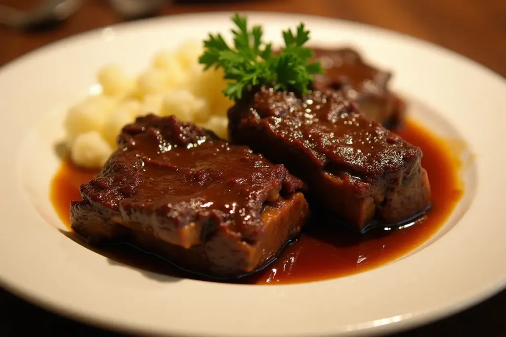 Tender beef short ribs plated with mashed potatoes and garnished with fresh parsley.