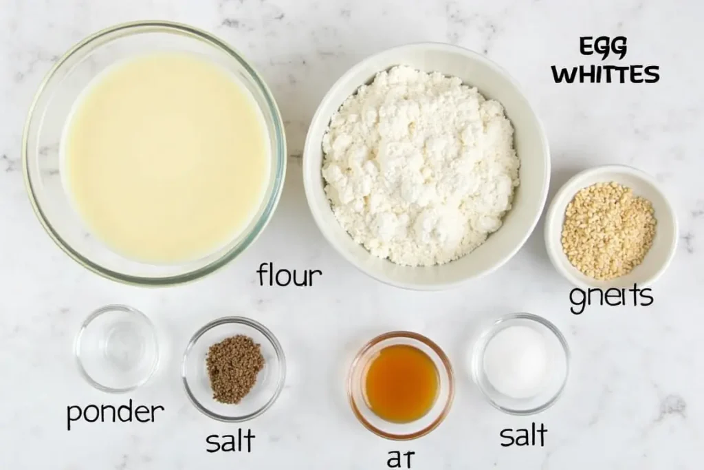 Ingredients for egg white burger buns recipe displayed on a countertop.