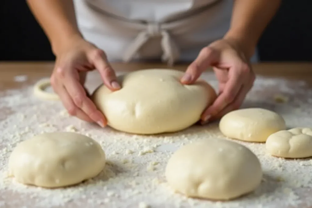 A baker shaping egg white burger buns dough into round buns on a floured surface.