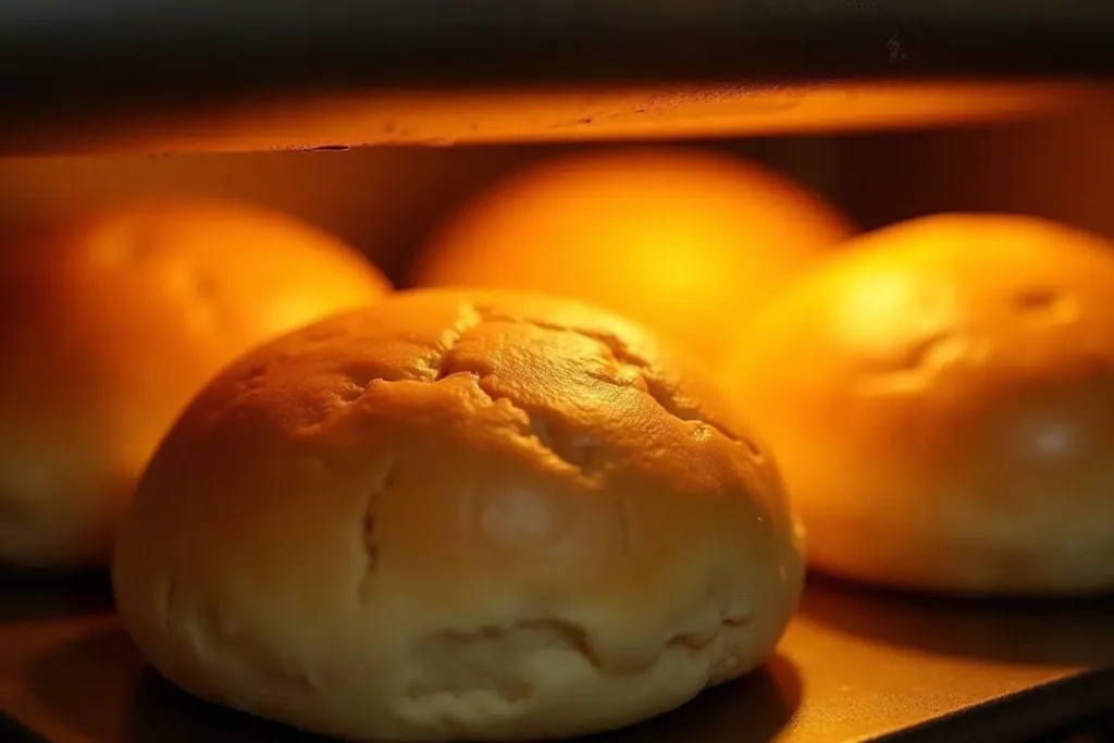 Golden egg white burger buns baking in the oven.