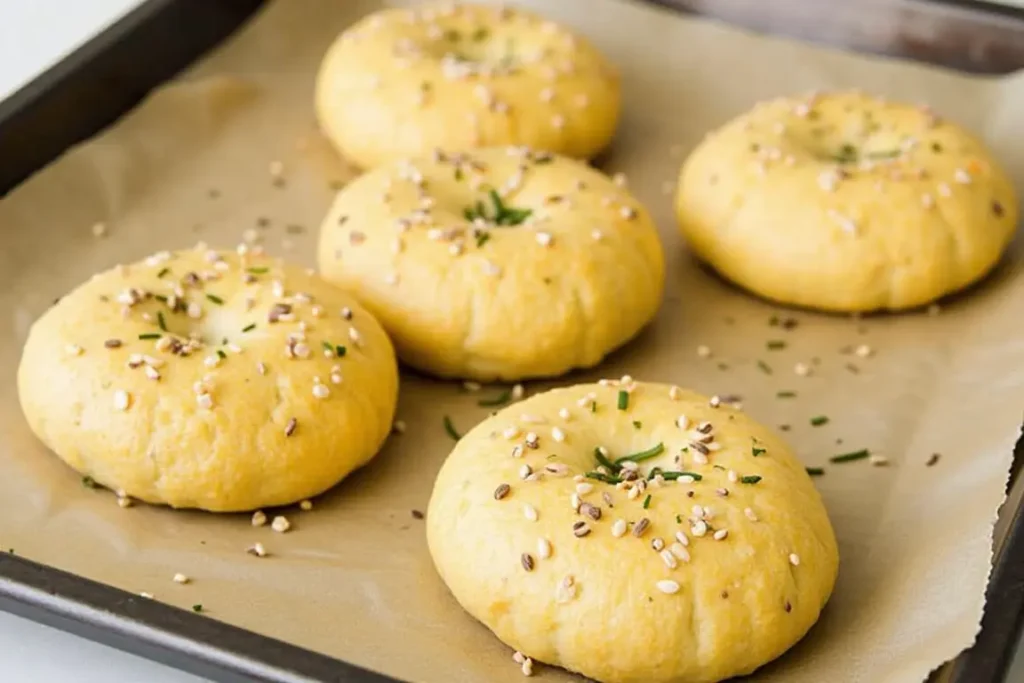 Gluten-free egg white burger buns with seeds and herbs on a tray.