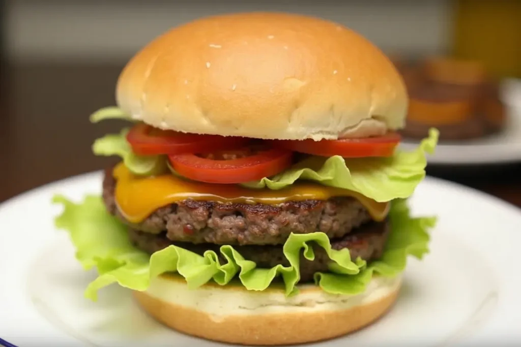 Egg White Burger Buns, lettuce, tomato, cheese, and sauce.