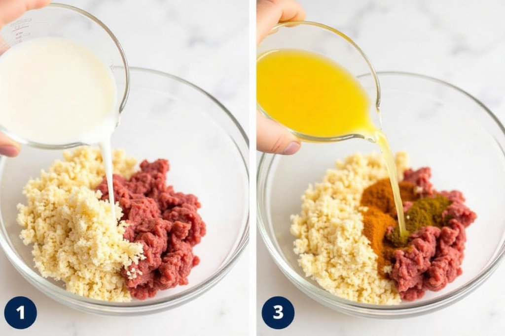 Egg whites being added to a burger mixture with breadcrumbs and spices.