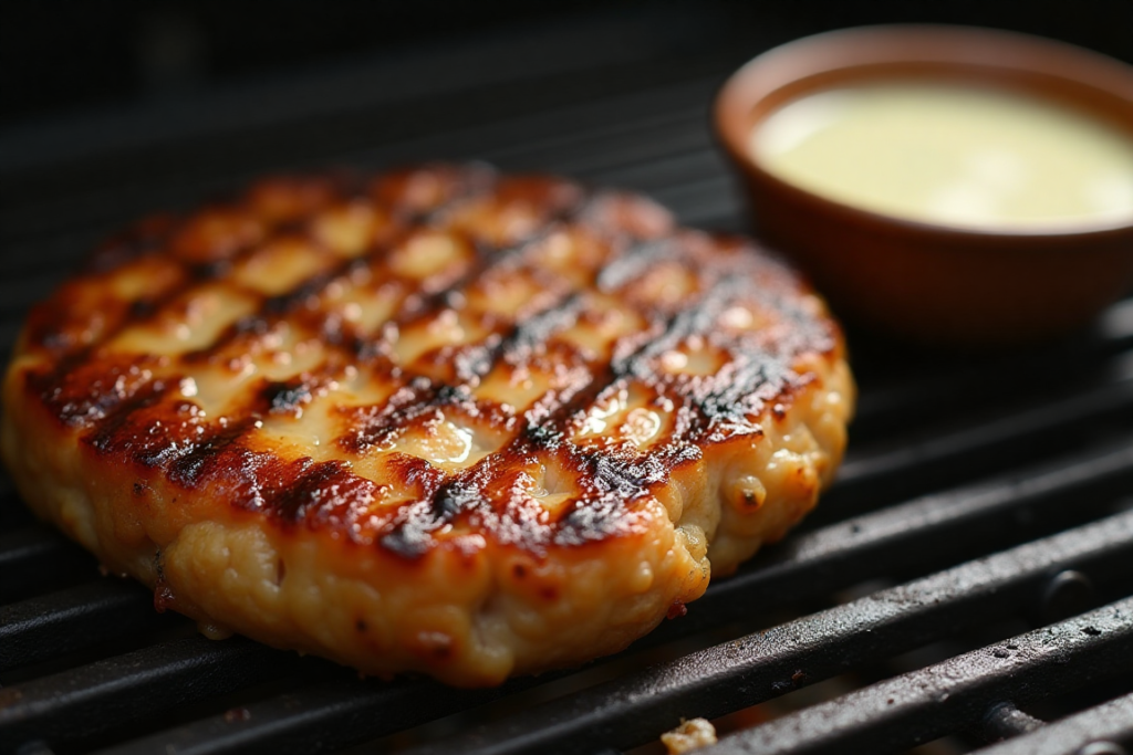 Grilled chicken burger patty with egg whites in a bowl.