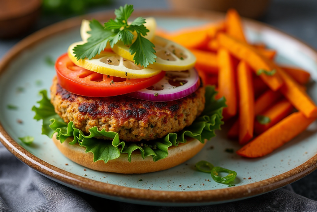 Vegetarian burger with egg whites as a binder, served with sweet potato fries.